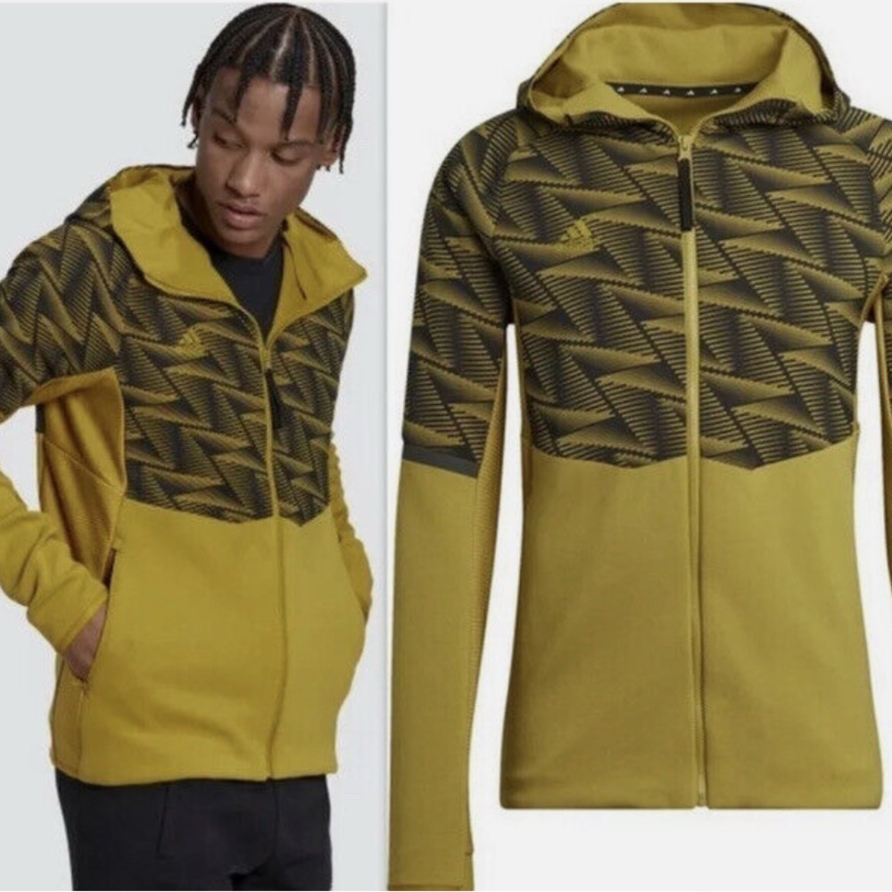 Adidas Men’s Olive Green Geometric Full Zip Hooded Jacket